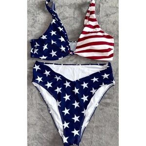 Womens Two-Piece Bikini Set Swimsuit Large Blue White American Flag High Waisted